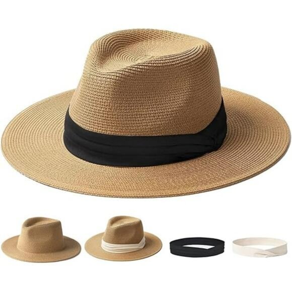 Panama straw sun hat wide brim fedora beach hat UV protection summer travel - Picture 7 of 7